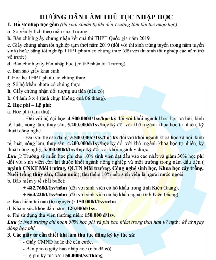 Thu tuc nhap hoc truong Dai hoc Kien Giang nam 2019