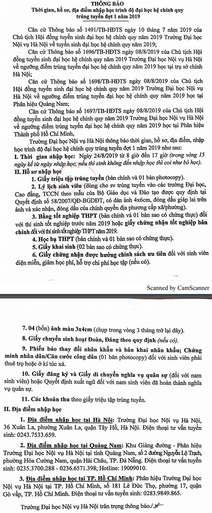 Dai hoc Noi Vu Ha Noi thong bao ho so nhap hoc nam 2019