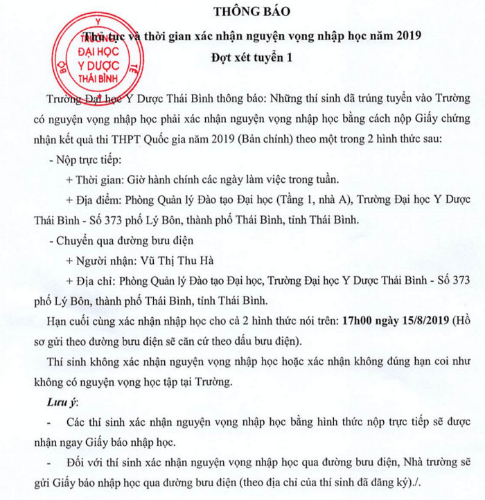 Ho so nhap hoc truong Dai hoc Y Duoc Thai Binh nam 2019