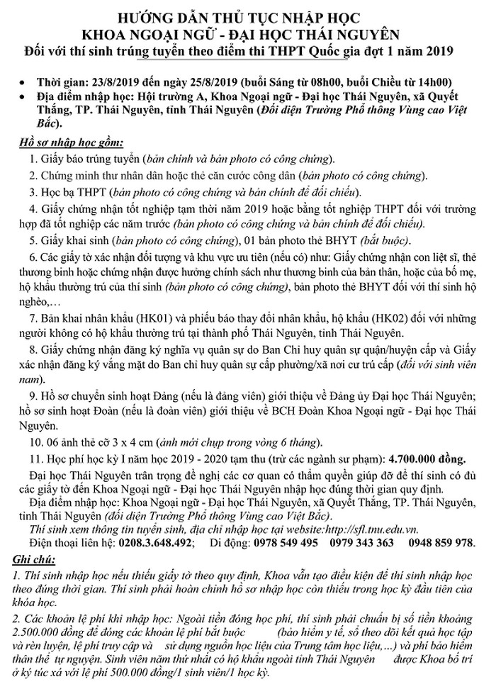 Khoa Ngoai Ngu - DH Thai Nguyen thong bao ho so nhap hoc 2019
