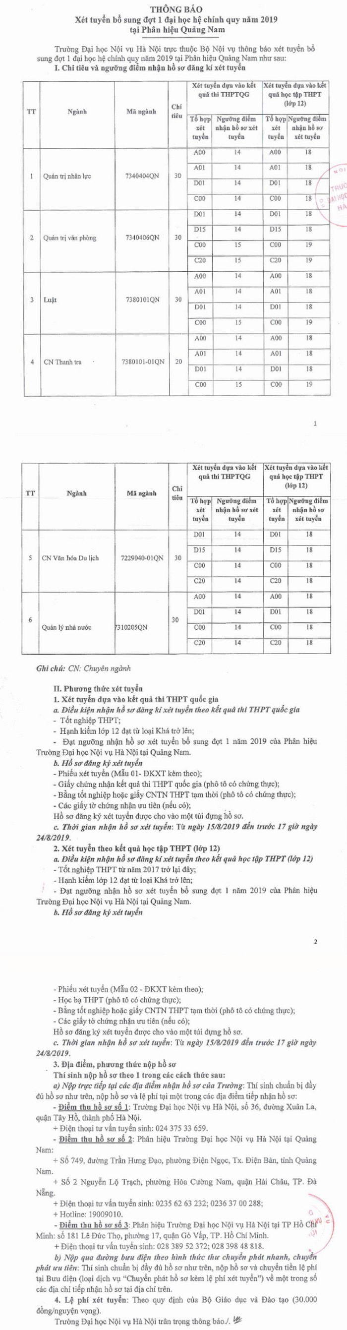 Dai hoc Noi Vu Ha Noi xet tuyen chi tieu bo sung nam 2019