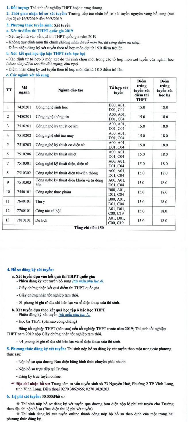 Thong bao xet tuyen dot 2 Dai hoc Su pham Ky thuat Vinh Long nam 2019