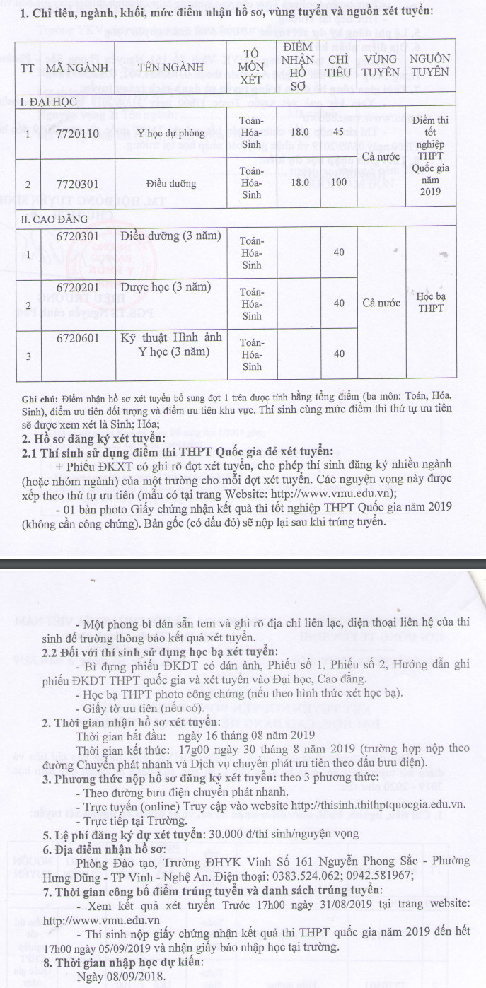 Xet tuyen nguyen vong bo sung dot 1 Dai hoc Y Khoa Vinh nam 2019