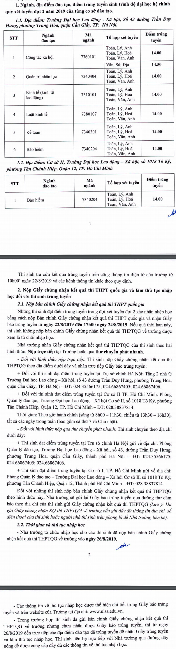 Diem chuan bo sung Dai hoc Lao dong xa hoi nam 2019