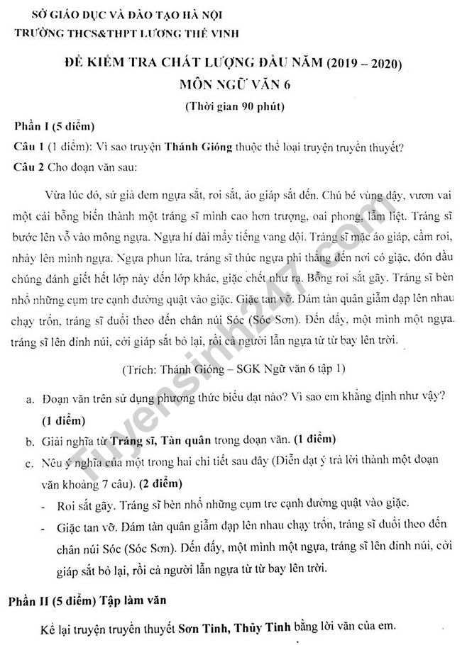 De thi chat luong dau nam lop 6 mon Van 2019 - THPT Luong The Vinh