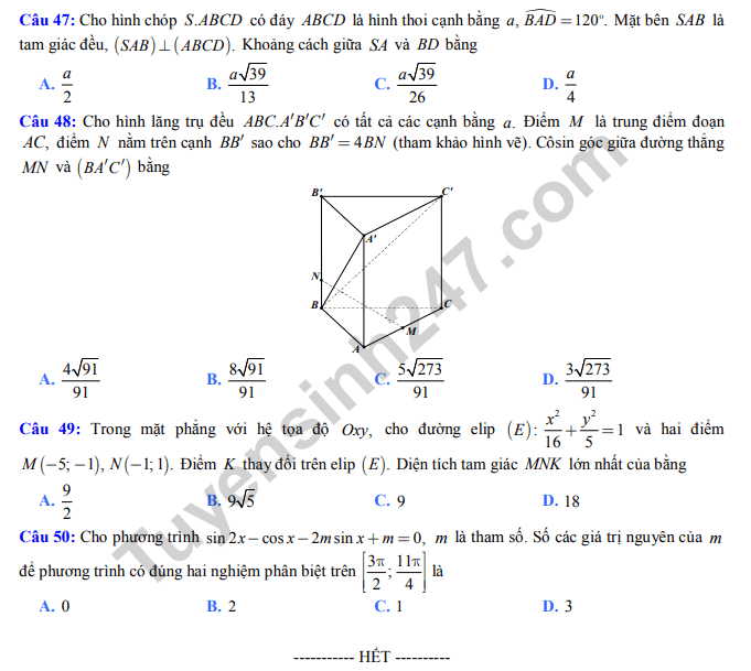 De khao sat mon Toan lop 12 THPT Lien Son 2019
