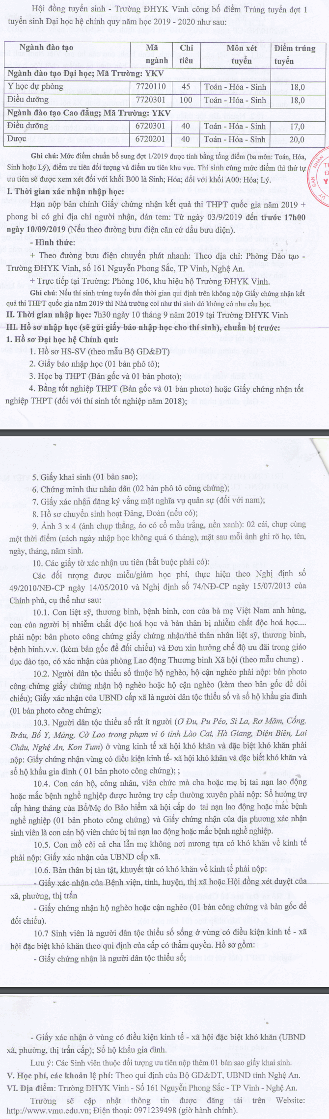 Dai hoc Y khoa Vinh cong bo diem chuan bo sung 2019