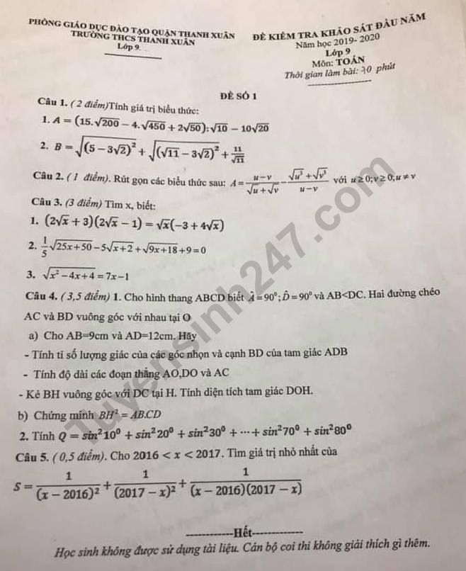 De khao sat dau nam lop 9 mon Toan THCS Thanh Xuan 2019