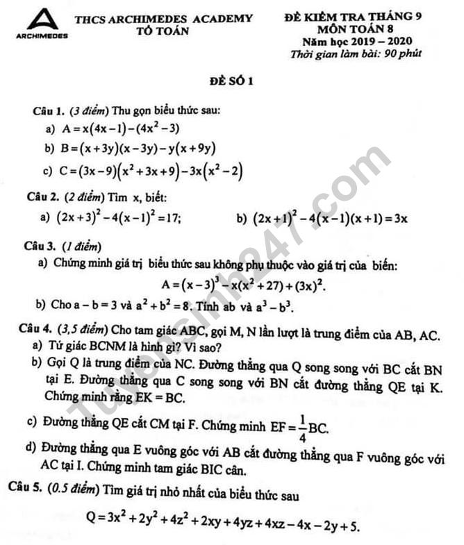 De kiem tra thang 9/2019 lop 8 mon Toan THCS Archimedes