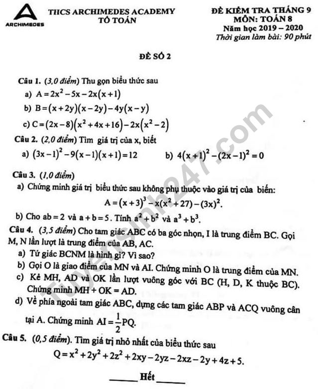 De kiem tra thang 9/2019 lop 8 mon Toan THCS Archimedes