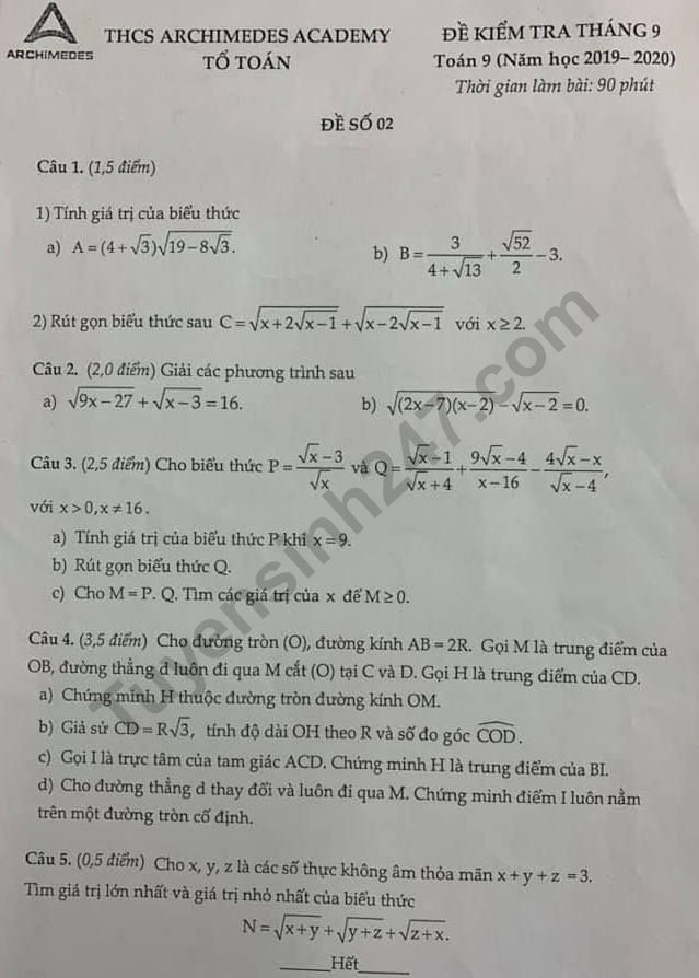 De kiem tra thang 9/2019 mon Toan lop 9 - THCS Archimedes