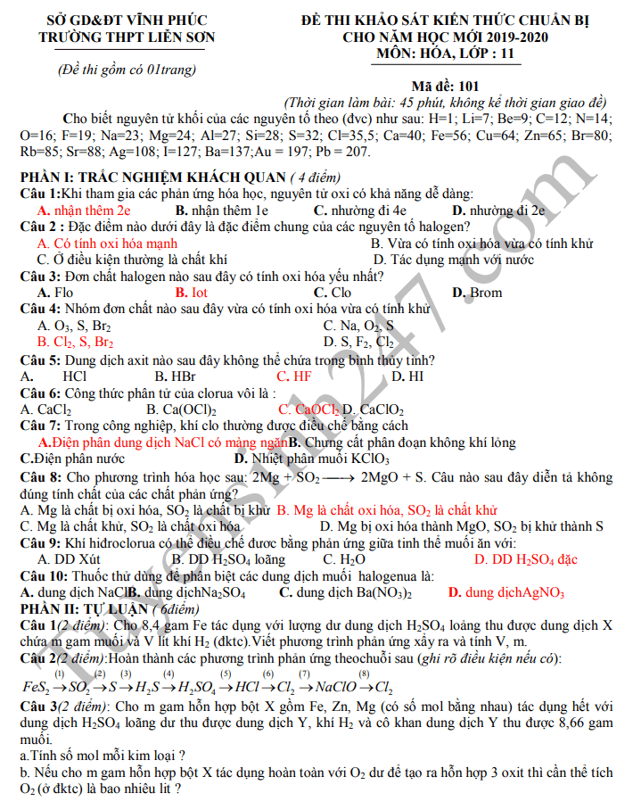 De khao sat chat luong mon Hoa lop 11 THPT Lien Son 2019