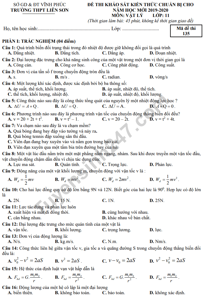 De thi khao sat lop 11 mon Ly - THPT Lien Son 2019