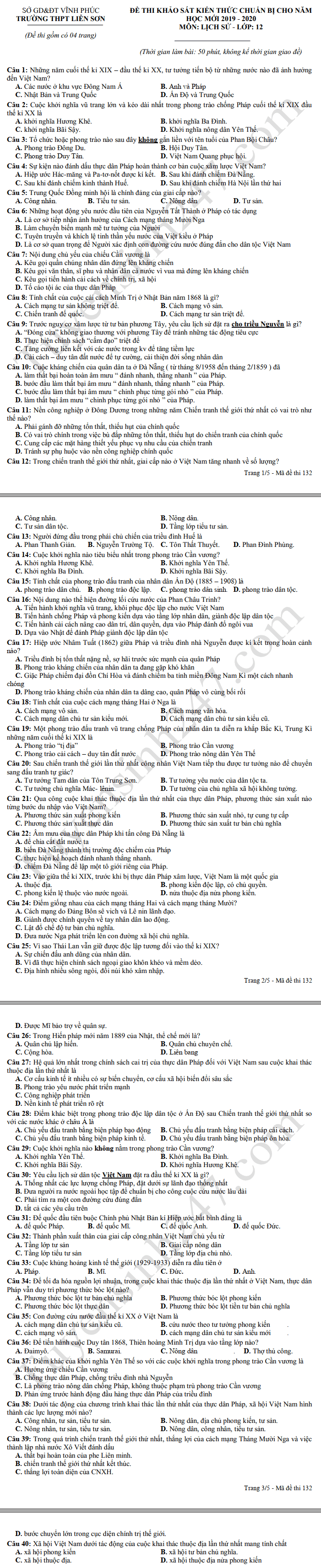 De thi khao sat lop 12 mon Su - THPT Lien Son 2019