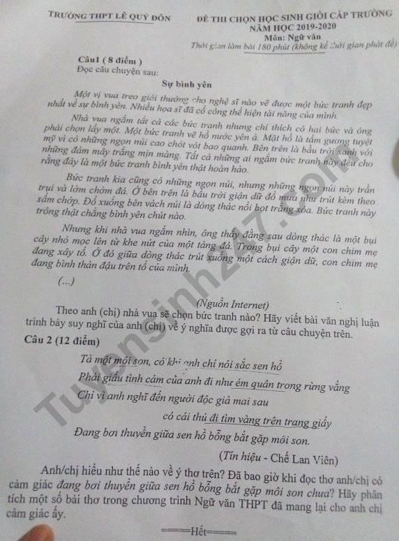 De thi chon hoc sinh gioi cap truong THPT Le Quy Don mon Van 2019