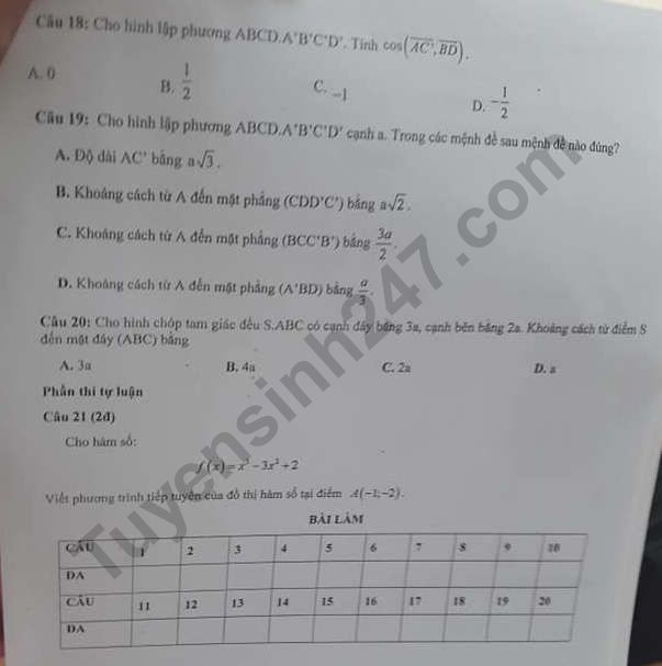 De KSCL dau nam lop 12 mon Toan THPT Moc Ha 2019