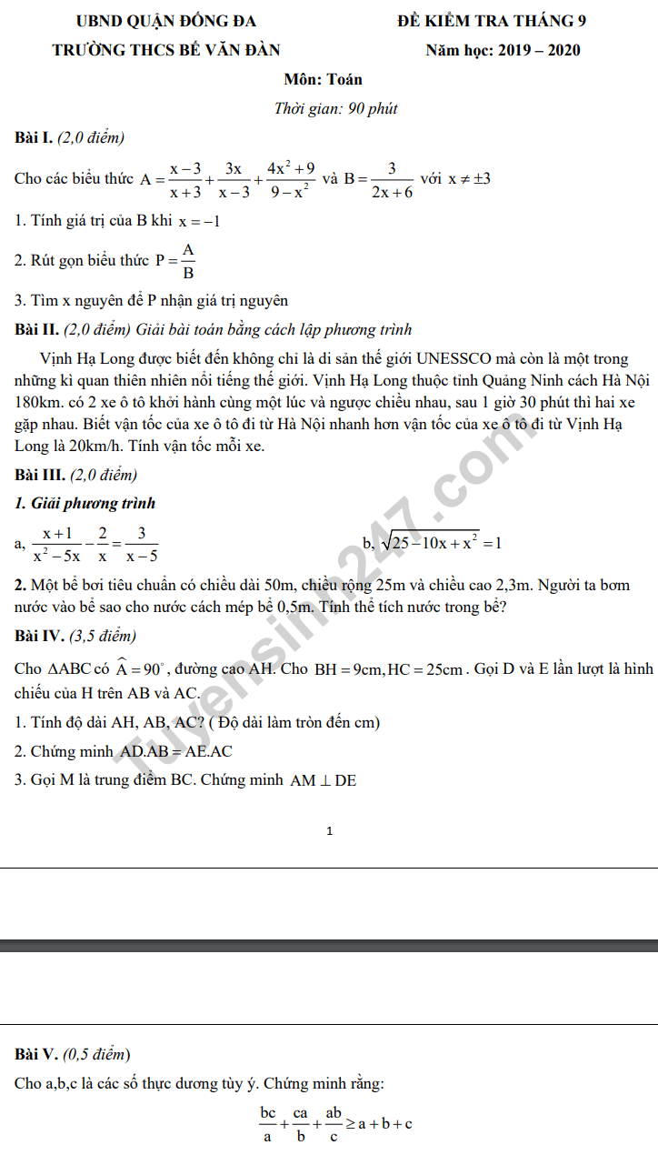 De kiem tra lop 9 thang 9/2019 mon Toan - THCS Be Van Dan