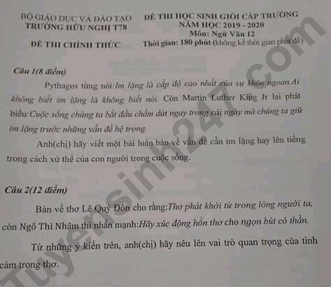 De thi chon HSG cap truong 2020 mon Van truong Huu Nghi T78