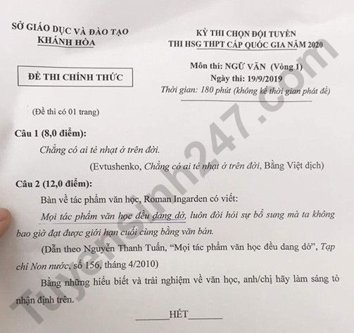 De thi chon HSG quoc gia 2020 mon Van - So GD Khanh Hoa