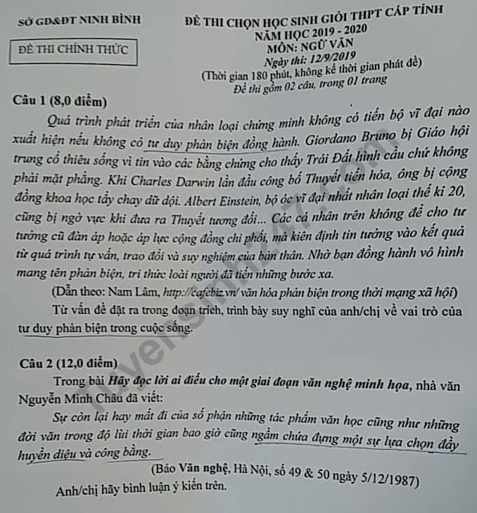 De thi chon hoc sinh gioi THPT cap tinh 2020 mon Van - So Ninh Binh