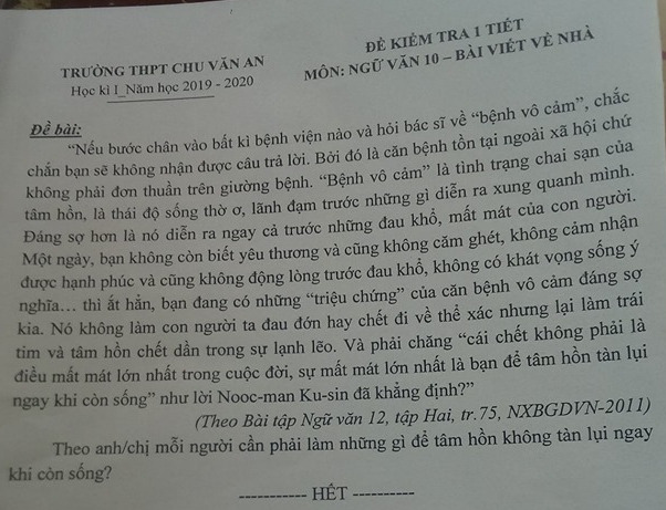De kiem tra 1 tiet mon Van lop 10 nam 2019 - THPT Chu Van An