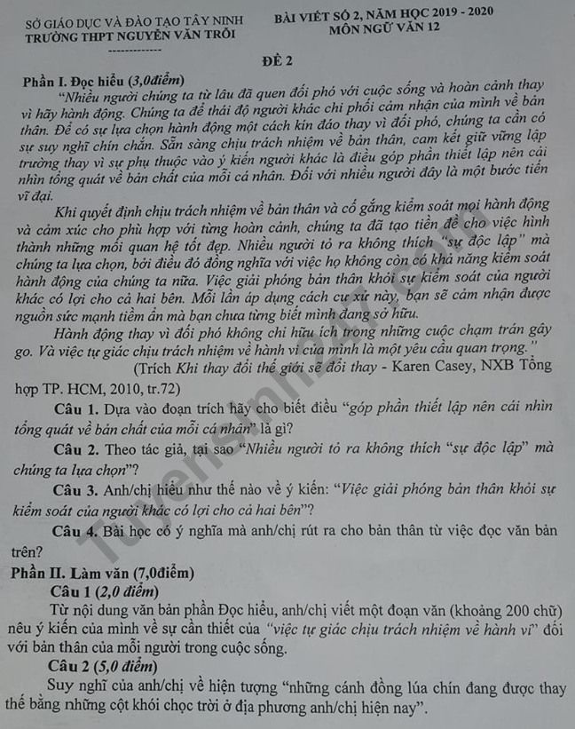De kiem tra lop 12 mon Van 2019 bai viet so 2 – THPT Nguyen Van Troi