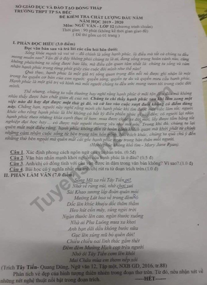 De kiem tra dau nam lop 12 mon Van THPT Sa Dec 2019