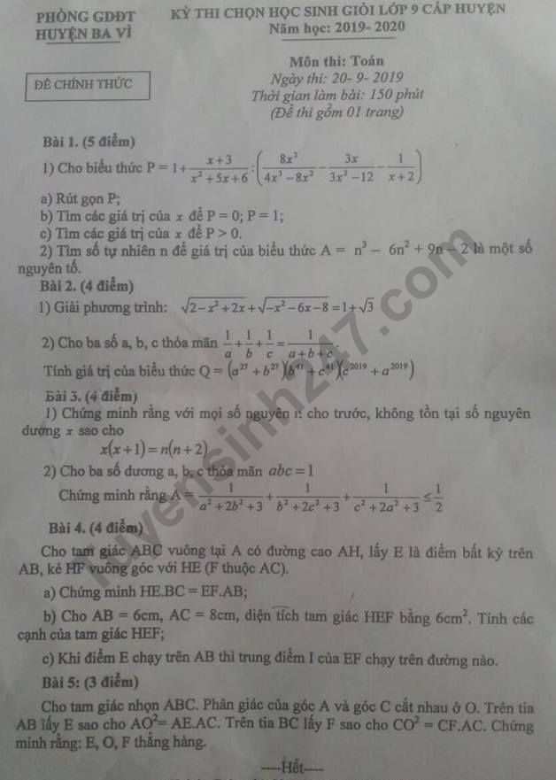 De thi chon HSG lop 9 mon Toan cap huyen 2020 - Ba Vi