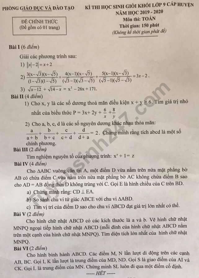 De thi hoc sinh gioi cap huyen lop 9 mon Toan 2020 - Dong Anh