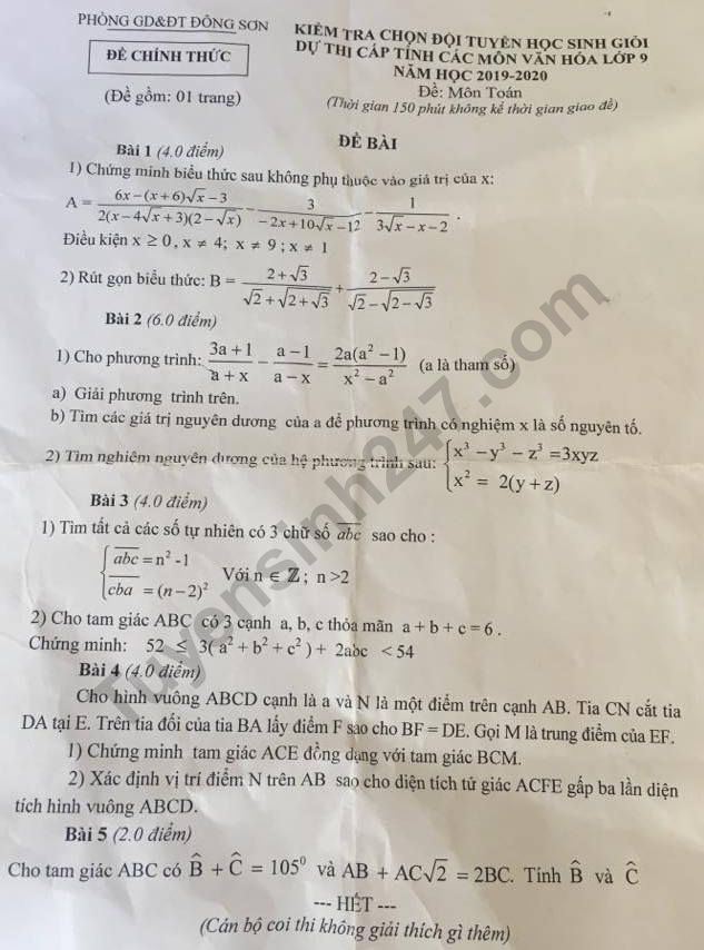 De thi chon doi tuyen HSG cap tinh lop 9 mon Toan 2020 - Dong Son
