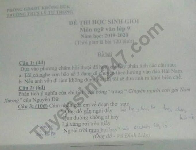 De thi HSG mon Van lop 9 nam 2020 THCS Ly Tu Trong