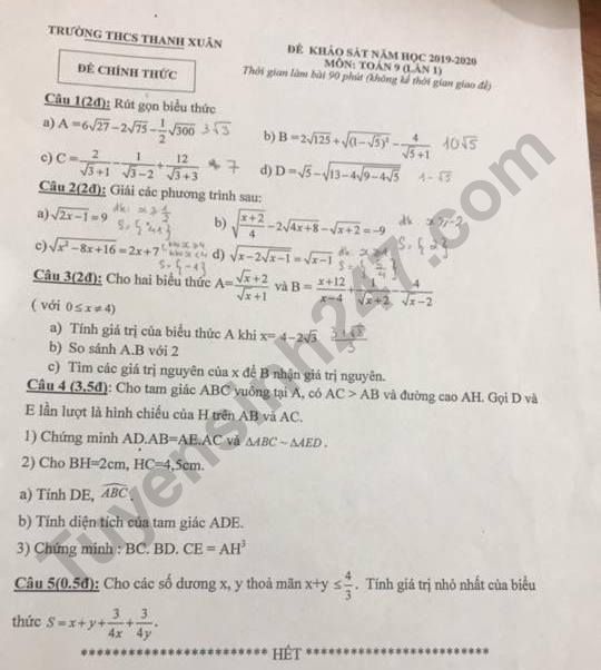 De khao sat lop 9 mon Toan 2019 - THCS Thanh Xuan