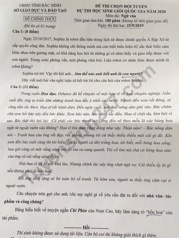 De thi chon doi tuyen HSG quoc gia mon Van - Bac Ninh ngay thu 2