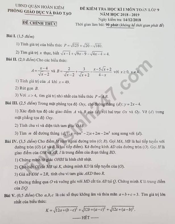 De thi ki 1 lop 9 mon Toan Quan Hoan Kiem 2018 - 2019