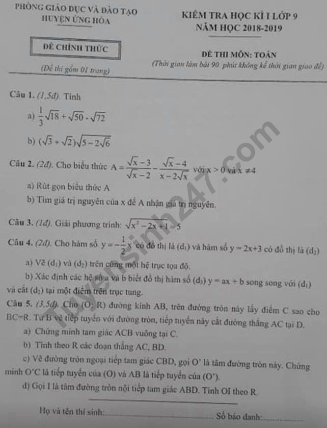 De thi ki 1 lop 9 mon Toan nam 2018 - 2019 huyen Ung Hoa