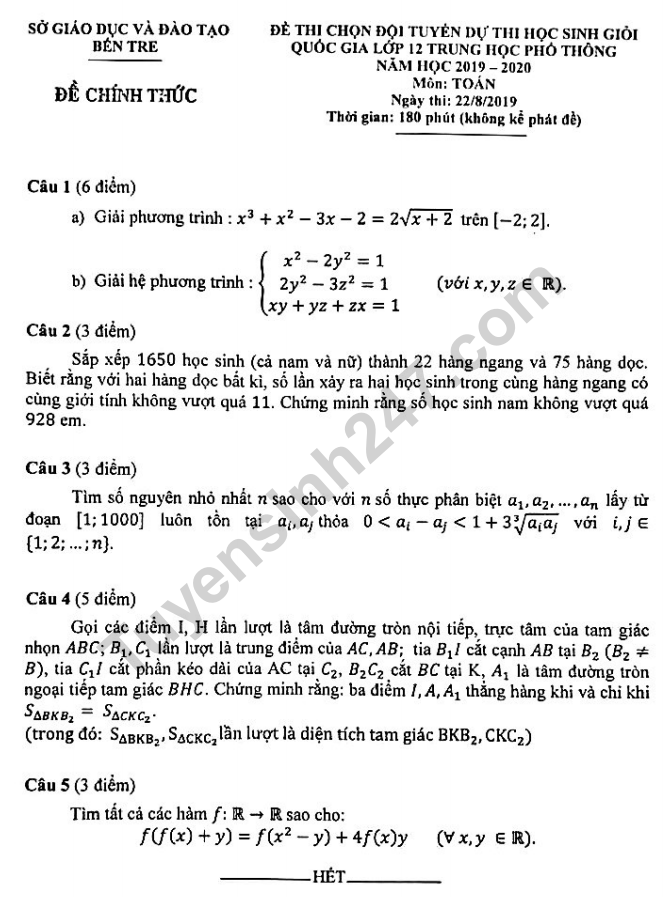 De thi chon HSG quoc gia lop 12 THPT mon Toan 2020 - So GD Ben Tre