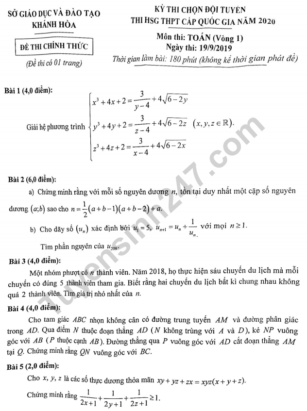 De thi HSG cap quoc gia 2020 mon Toan - So GD Khanh Hoa