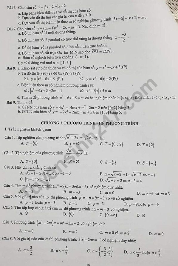 De cuong on tap ki 1 lop 10 mon Toan 2019 - THPT Yen Hoa