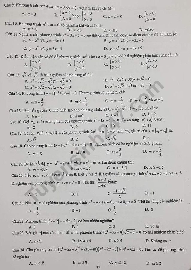 De cuong on tap ki 1 lop 10 mon Toan 2019 - THPT Yen Hoa