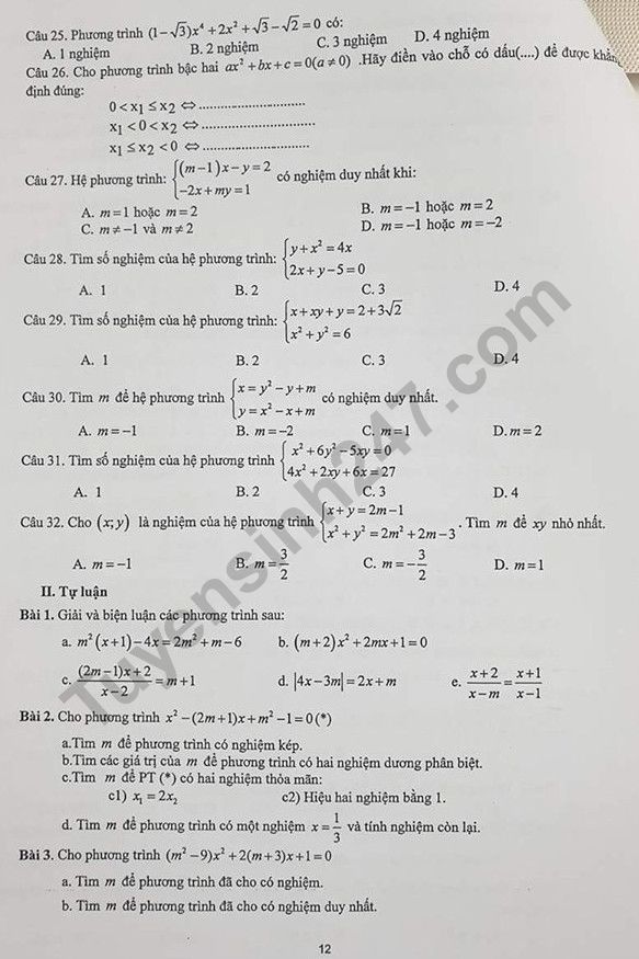 De cuong on tap ki 1 lop 10 mon Toan 2019 - THPT Yen Hoa
