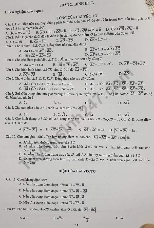 De cuong on tap ki 1 lop 10 mon Toan 2019 - THPT Yen Hoa
