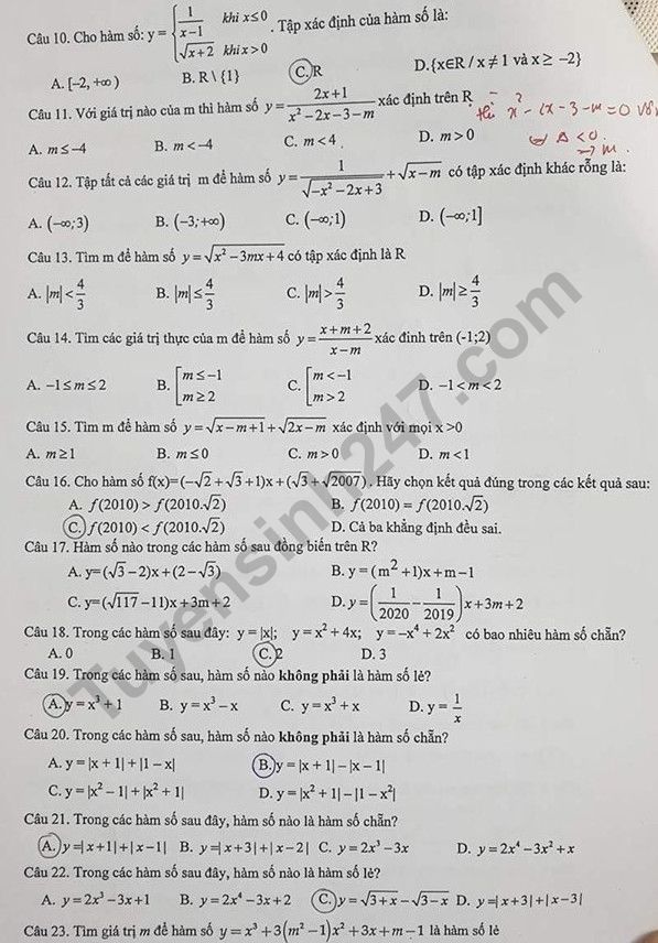 De cuong on tap ki 1 lop 10 mon Toan 2019 - THPT Yen Hoa