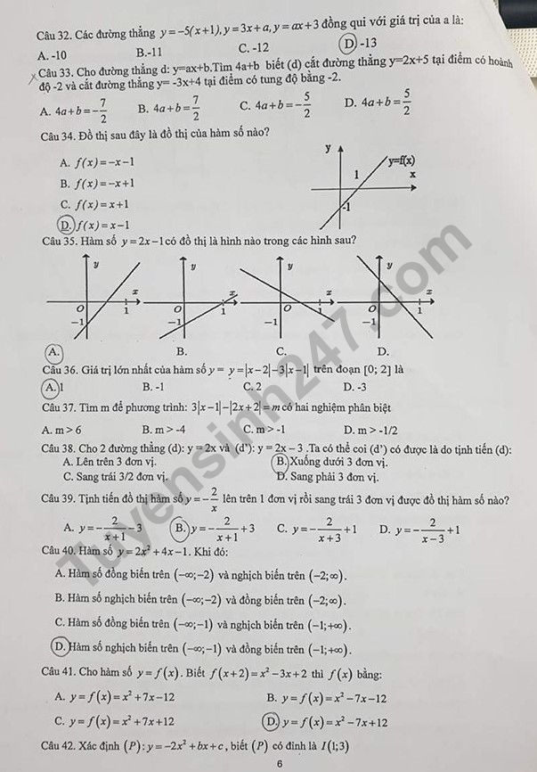 De cuong on tap ki 1 lop 10 mon Toan 2019 - THPT Yen Hoa