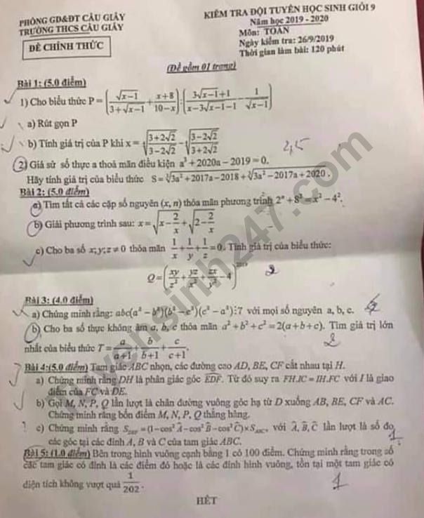 De kiem tra doi tuyen HSG lop 9 mon Toan - THCS Cau Giay 2019