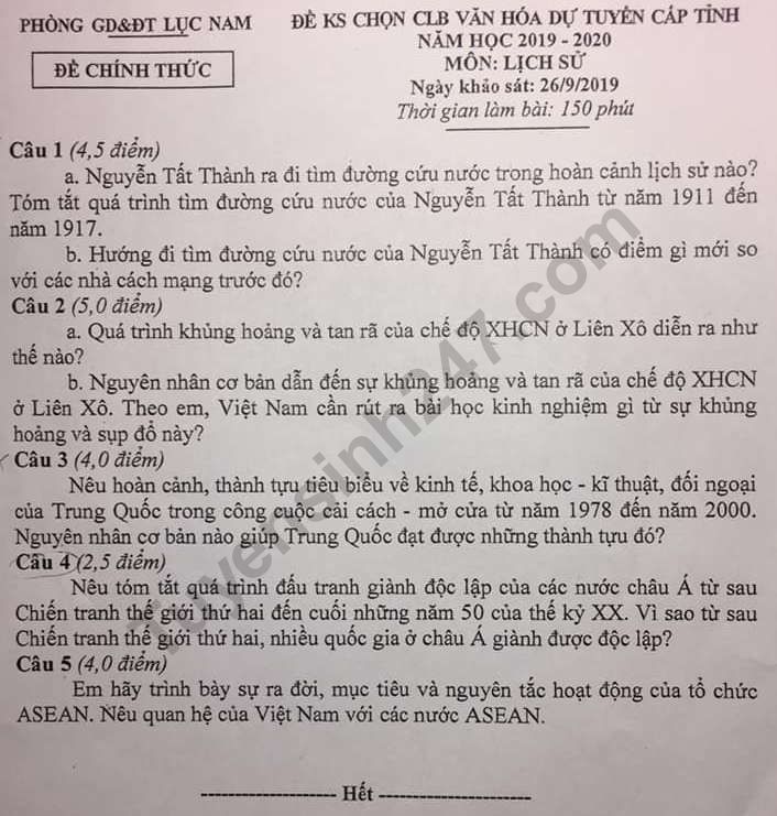 De thi chon doi tuyen cap tinh lop 9 mon Su 2019 - Luc Nam