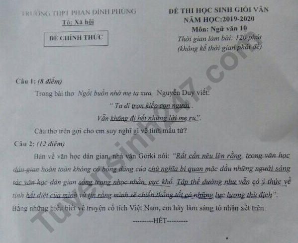 De thi chon HSG lop 10 mon Van 2019 - THPT Phan Dinh Phung