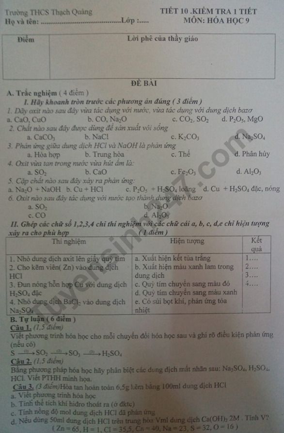 De kiem tra 1 tiet lop 9 mon Hoa 2019 – THCS Thach Quang