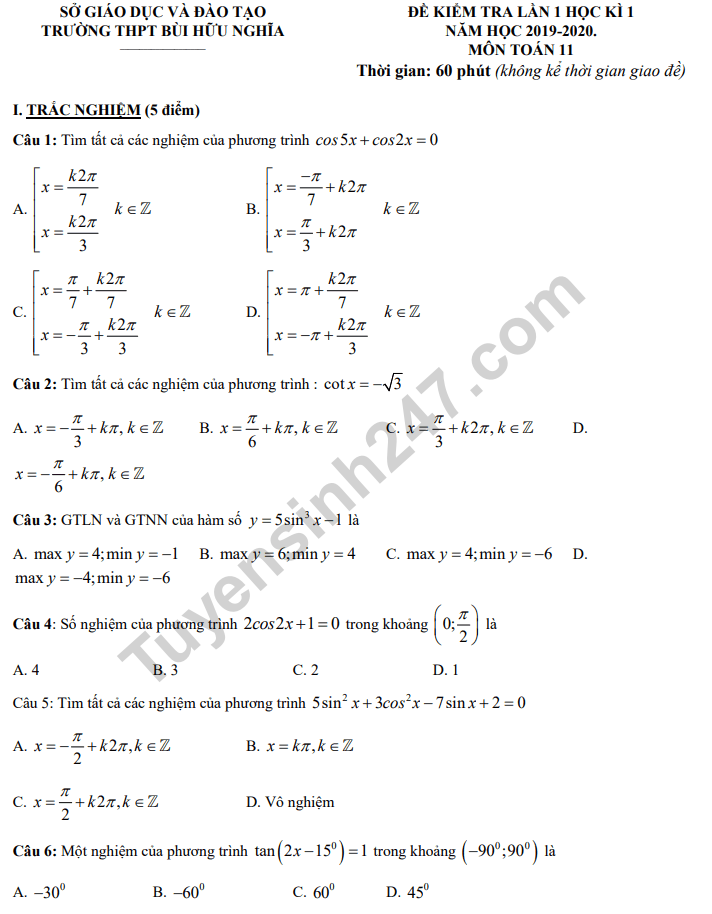 De kiem tra lan 1 ki 1 lop 11 mon Toan 2019 – THPT Bui Huu Nghia