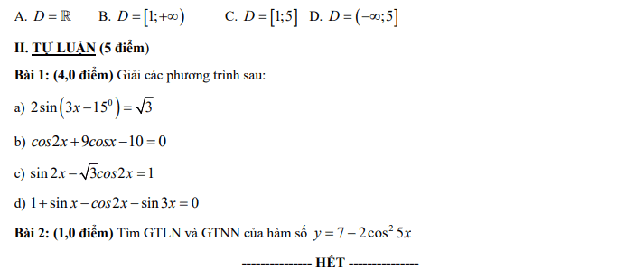 De kiem tra lan 1 ki 1 lop 11 mon Toan 2019 – THPT Bui Huu Nghia