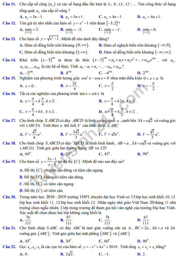 De thi giua ki 1 mon Toan lop 12 nam 2019 - Chuyen DH Vinh